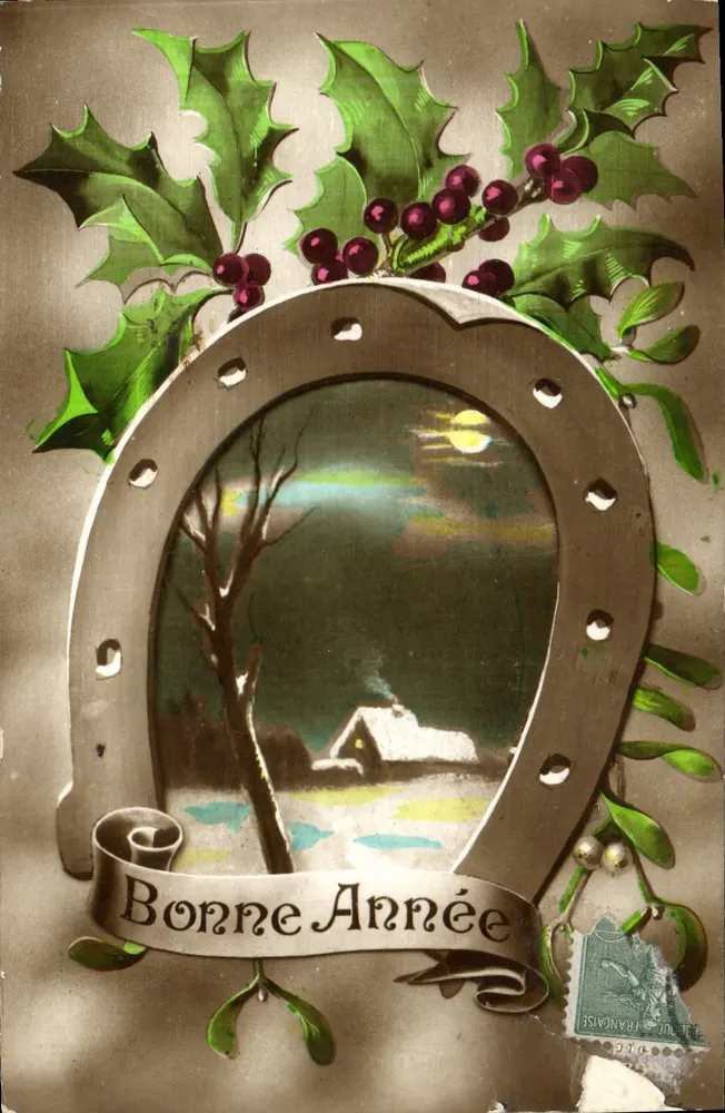 Bom Ano — decoração de hortênsias e sapatos de cavalo — editor: L. L. DUBOIS — n° 273 - Frente