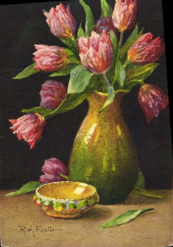 Tulipany w zielonym naczyniu — obraz R.A. Foster — STF Nr 1388 - Awers