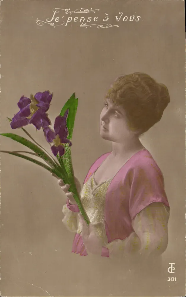 Je pense à Vous — jeune femme tenant un bouquet d'iris — éditeur TC n°301 - Vorderseite