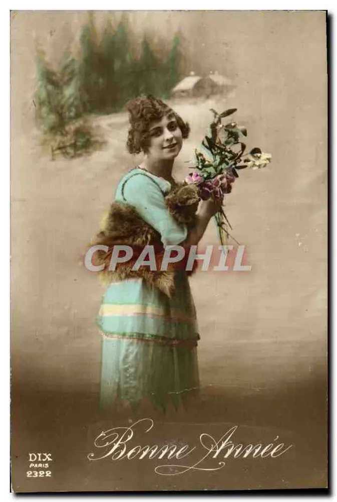 Junge Frau in blauer Robe mit Blumenbouquet — Frohe Neujahr — DIX PARIS 2322 - Vorderseite