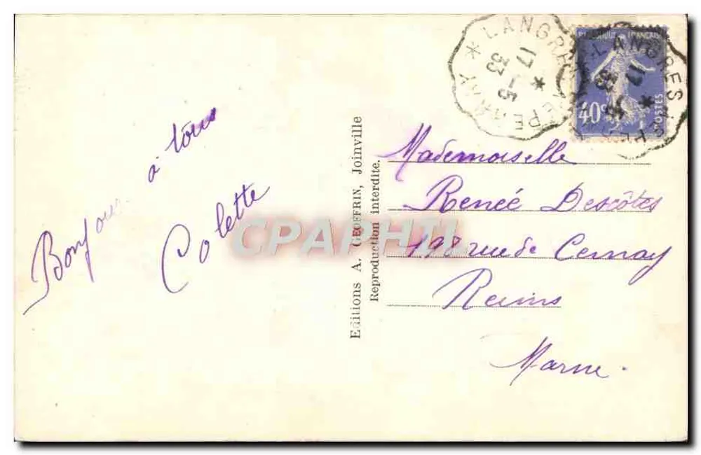 Pensée di Joinville — Edizioni A. Tegoffin, Joinville — numero di serie non visibile - Verso