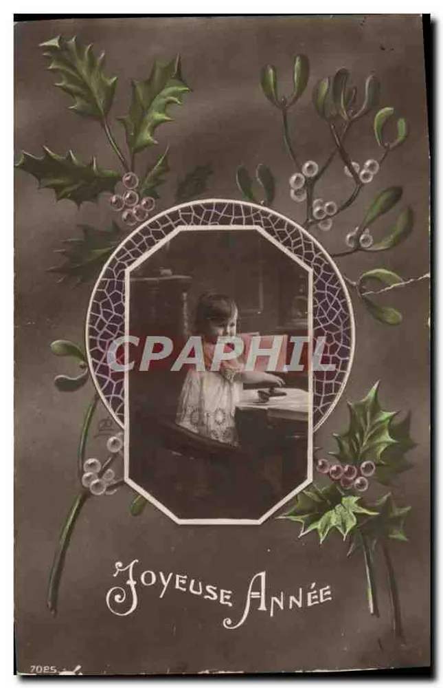 Fille à la table — décor de houx et de gui — éditeur 'C. P. A. PHIL' n° 2085 - Frente