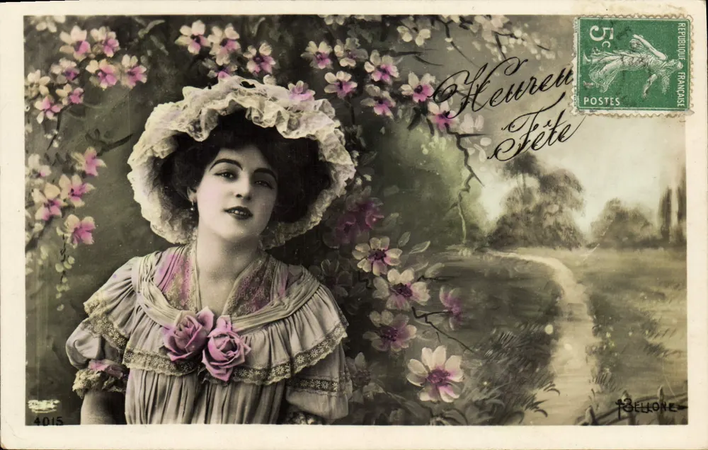 Frau in Kleid und Blumenhut — idyllische Szene — Verlag Bellone, Nr. 4015 - Vorderseite