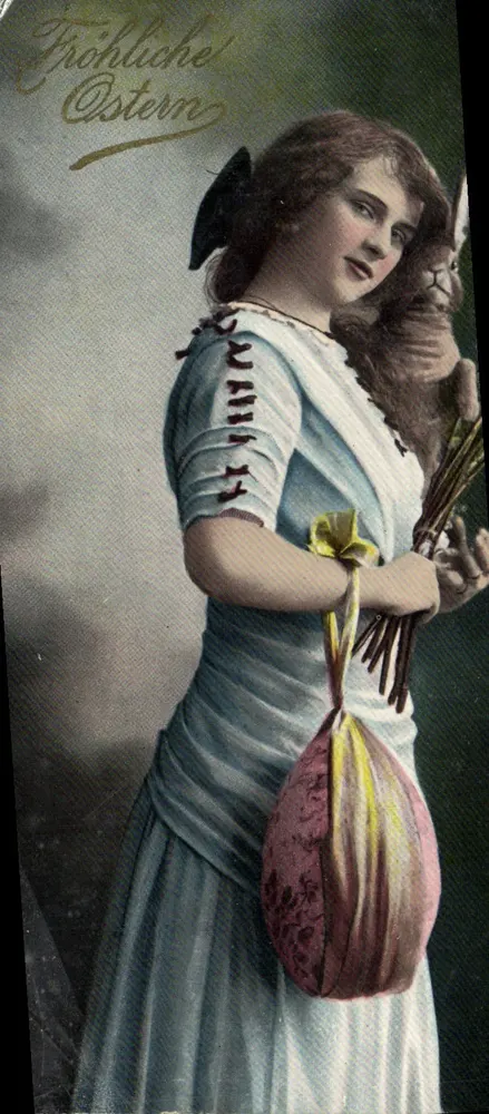 Osterglückwünsche — junges Mädchen in blauer Kleidung mit einem Hasen und einem Korb — unbekannter Verlag - Vorderseite