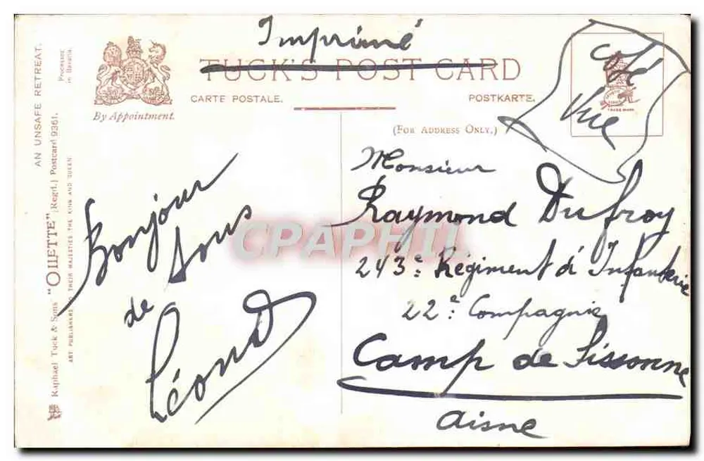 Cães e gato em um barril — Tuck's Post Card, editor Tuck & Sons, n° 9381 - Verso