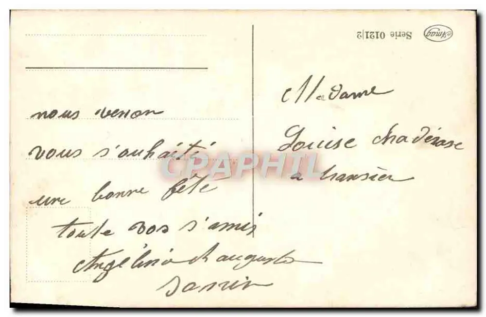 Frau in einem Lilakleid mit einem Blumenstrauß — 'De Louise' — Serie 0121/2, Verlag Sinbad - Rückseite