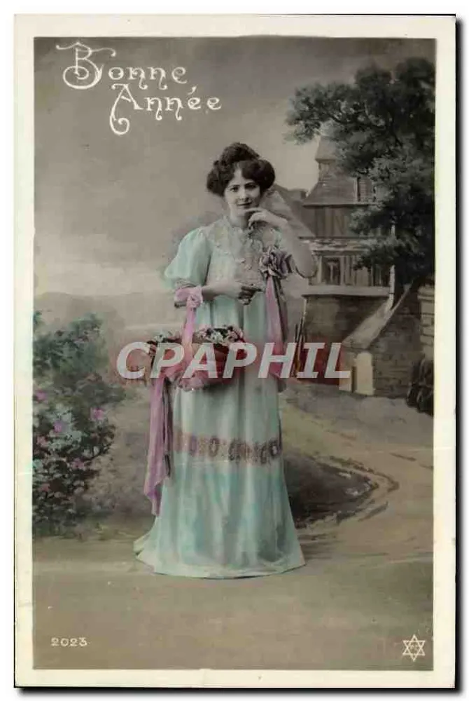 Frau in blauer Robe mit Blumenstrauß — Frohe Neujahr — unbekannter Verlag, n° 2023 - Vorderseite