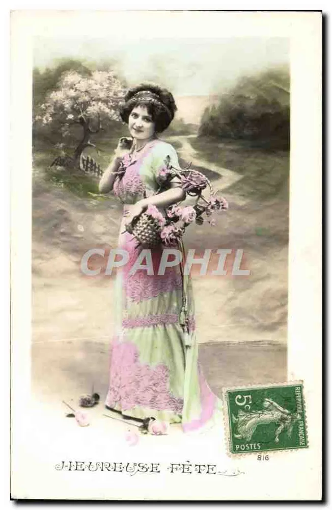 Junge Frau in rosa und grüner Kleidung — 'Heureuse Fête' — République Française, Nr. 816 - Vorderseite