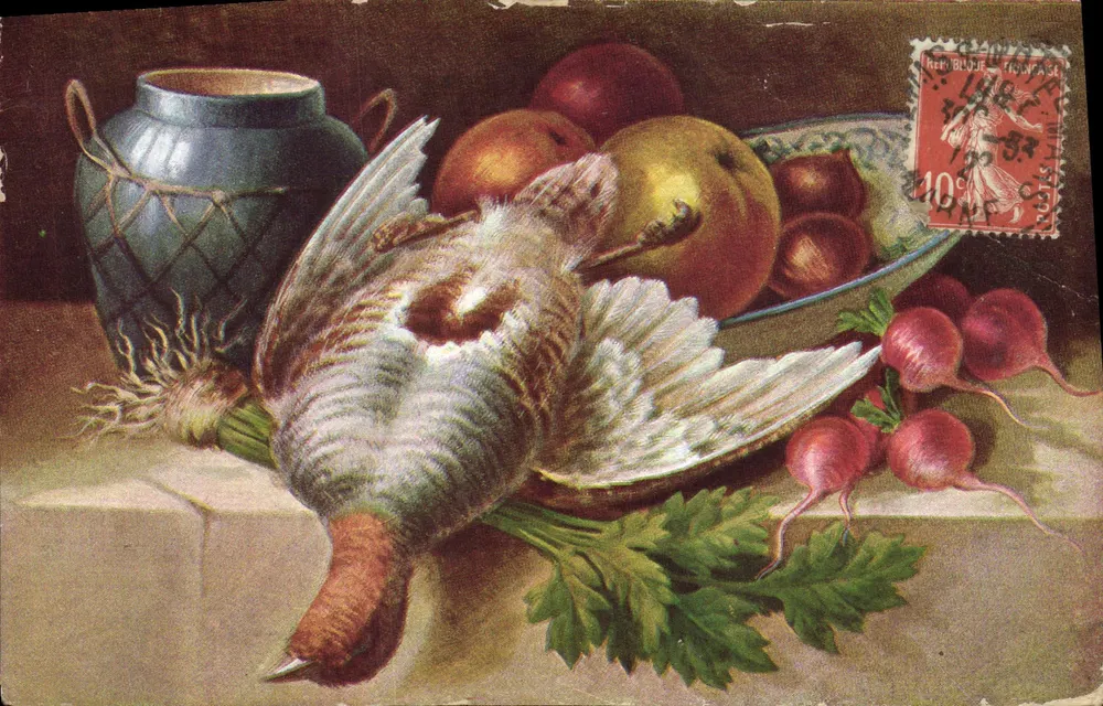 Nature morta com pássaro, frutas e legumes — editor não visível, número de série não visível - Frente