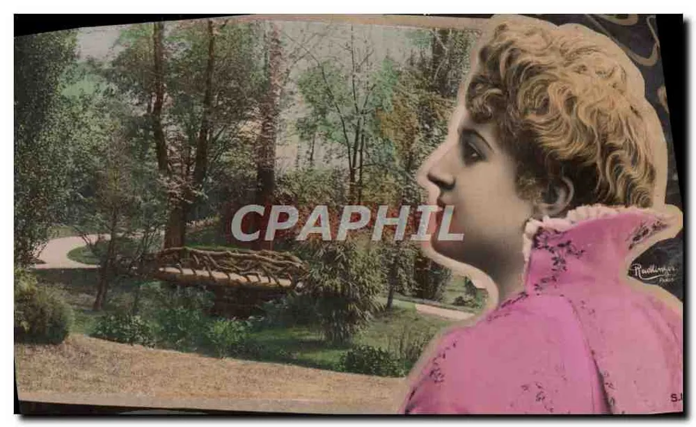 Junge Frau in einem rosa Kleid — Garten mit Holzbrücke — Verlag Rindling, Paris, n° S.12 - Vorderseite