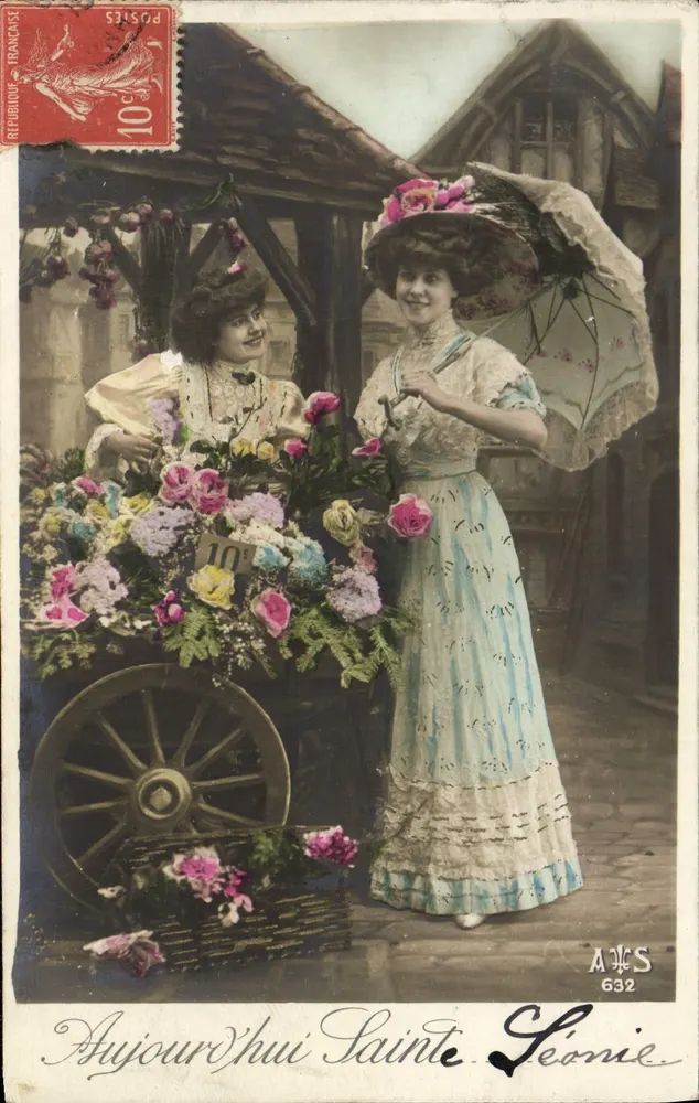 Zwei junge Frauen vor einem Blumenwagen — Heute heilige Léonie — A&S 632 - Vorderseite