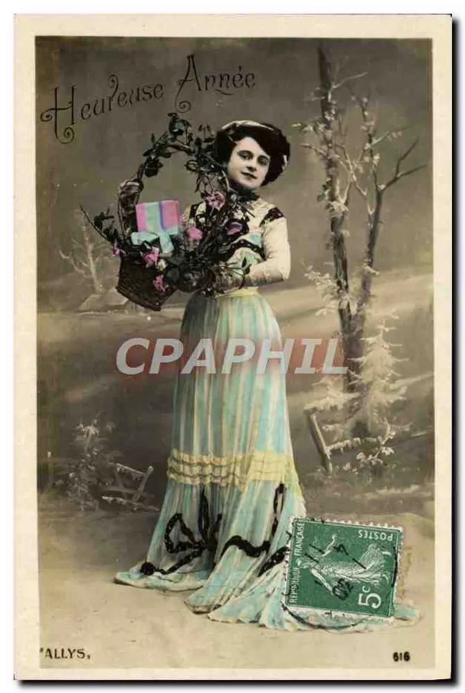 Frau in blauer Robe mit Blumenkorb — Frohes Neues Jahr — Allyls, Nr. 616 - Vorderseite