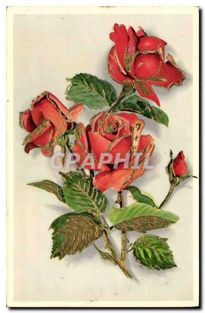 लाल गुलाब — सोने के डिज़ाइन — पुराना पोस्टकार्ड - आगे