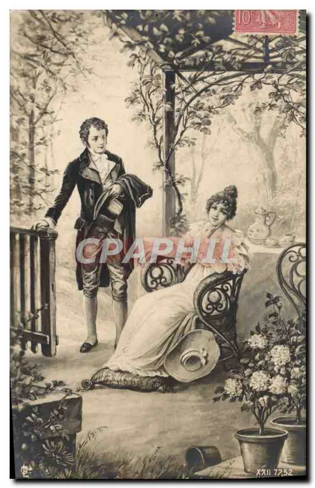 Junge Mann und junge Frau im Garten — romantische Szene — Verlag XXII 7252 - Vorderseite