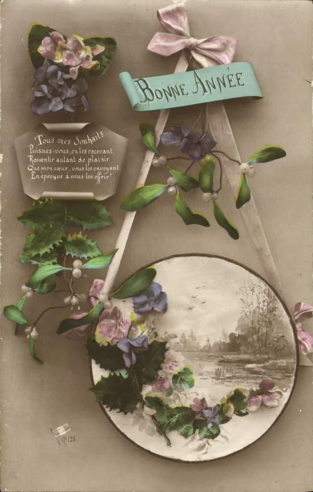 Guten Jahresbeginn — Blumendekoration mit Landschaft — Olnieby, Nr. 128 - Vorderseite