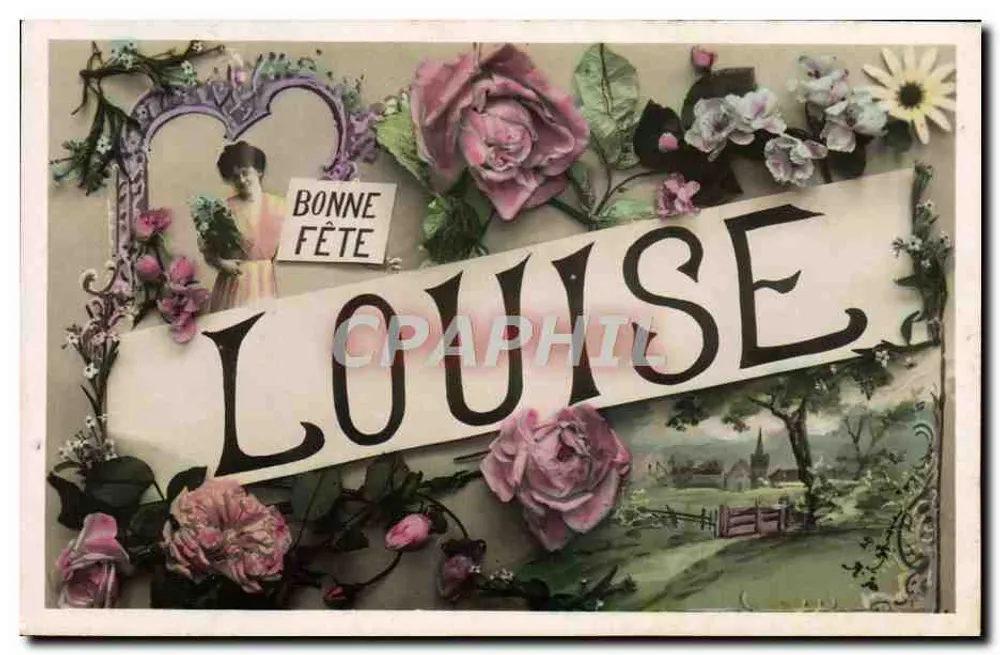Fröhliche Geburtstagskarte Louise — ansichtskarte mit Rosen und einer jungen Frau — Verlag nicht sichtbar - Vorderseite