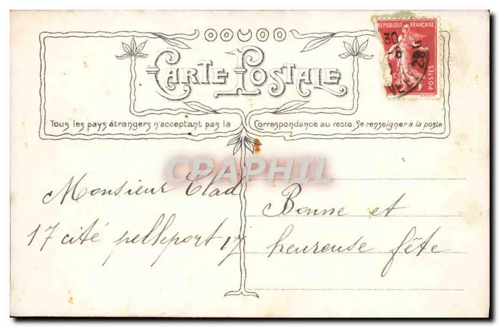 Frau in eleganter Robe — Blumendekor und Aufschrift 'LOUIS' — Fot. P. BOYER, Paris - Rückseite