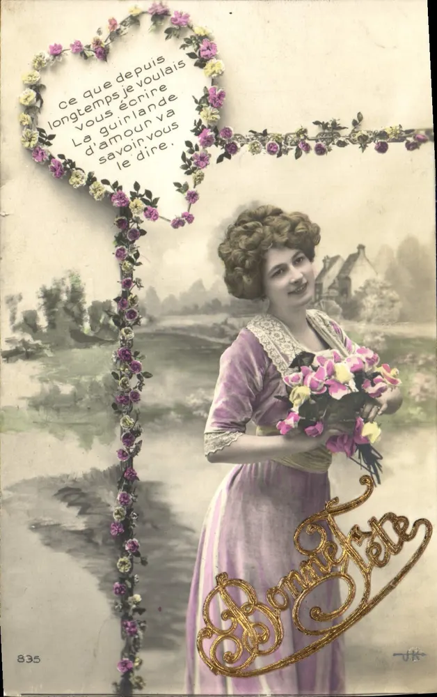 Frau in violettem Kleid mit Blumenstrauß — Liebesbotschaft in einem Blumenherz — Gute Tage — Nr. 835 - Vorderseite