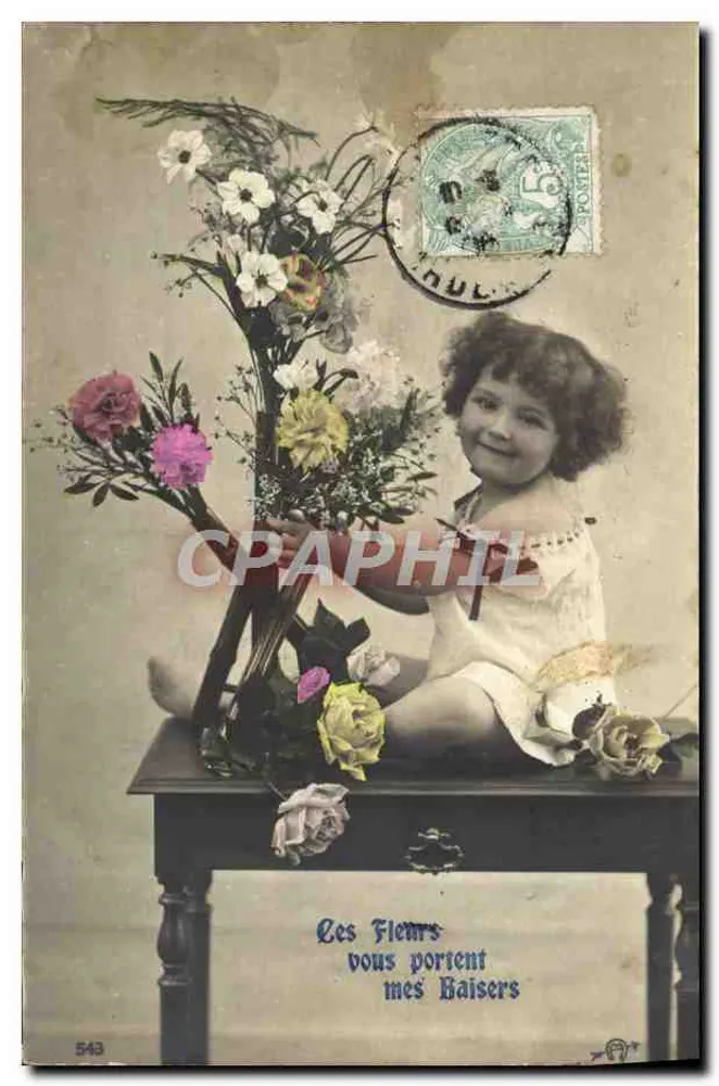 Flores e criança — carta postal com texto impresso — editor não identificado, n° 543 - Frente
