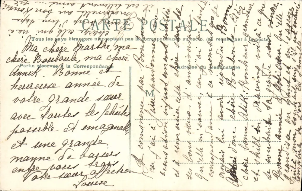 Ansichtskarte mit handschriftlicher Nachricht — gedruckter Text 'Alle fremden Länder akzeptieren keine Korrespondenz auf der Vorderseite.' - Vorderseite
