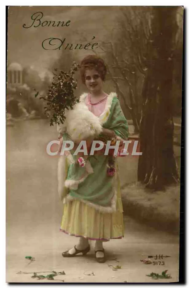 Frau in farbiger Robe mit Honeysuckle-Sträucher — Frohe Neujahr — J.K. 9173 - Vorderseite