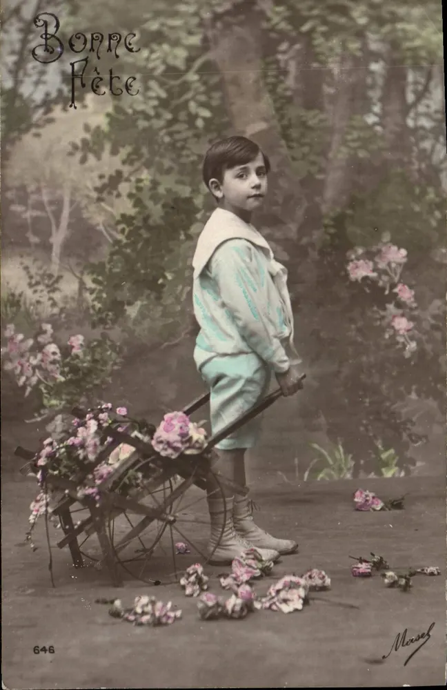 Criança com carrinho de flores — Boa Festa — Marsef, n° 648 - Frente