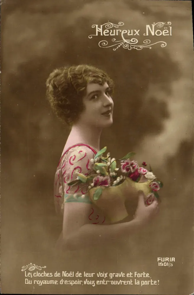 Frau mit Blumenstrauß — Frohe Weihnachten — Furia 1901/3 - Vorderseite