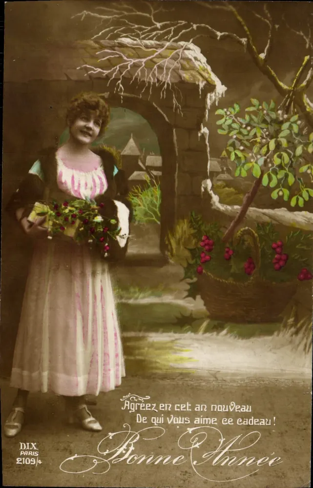 Frau mit Blumenstrauß — Winterlandschaft mit Eiskristallen — DIX PARIS n°2109 - Vorderseite