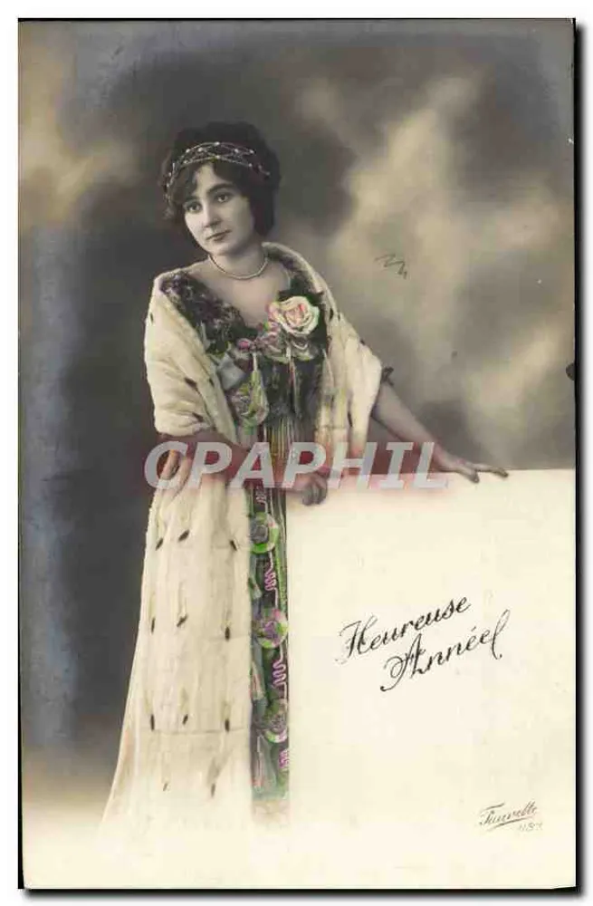 Frau in einem gemusterten Kleid — Frohes Neues Jahr! — F. Fisunelle, Nr. 1187 - Vorderseite