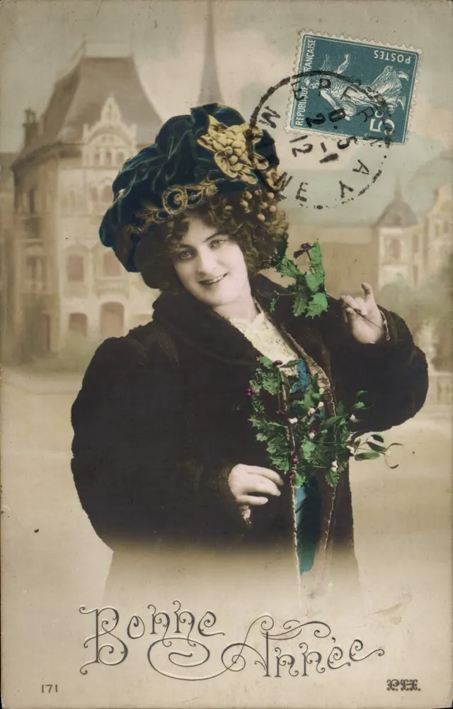 Frau mit kunstvoll geschmücktem Hut — Frohes Neues Jahr — Edit. d'Art P. H. Paris Nr. 171 - Vorderseite