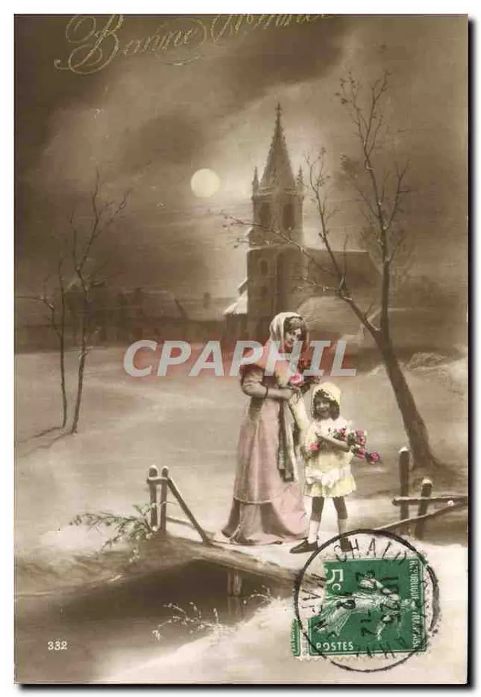 Frau und Kind mit Blumenstrauß — Nachtszene mit Kirche — Verlag Chailly, Nr. 332 - Vorderseite
