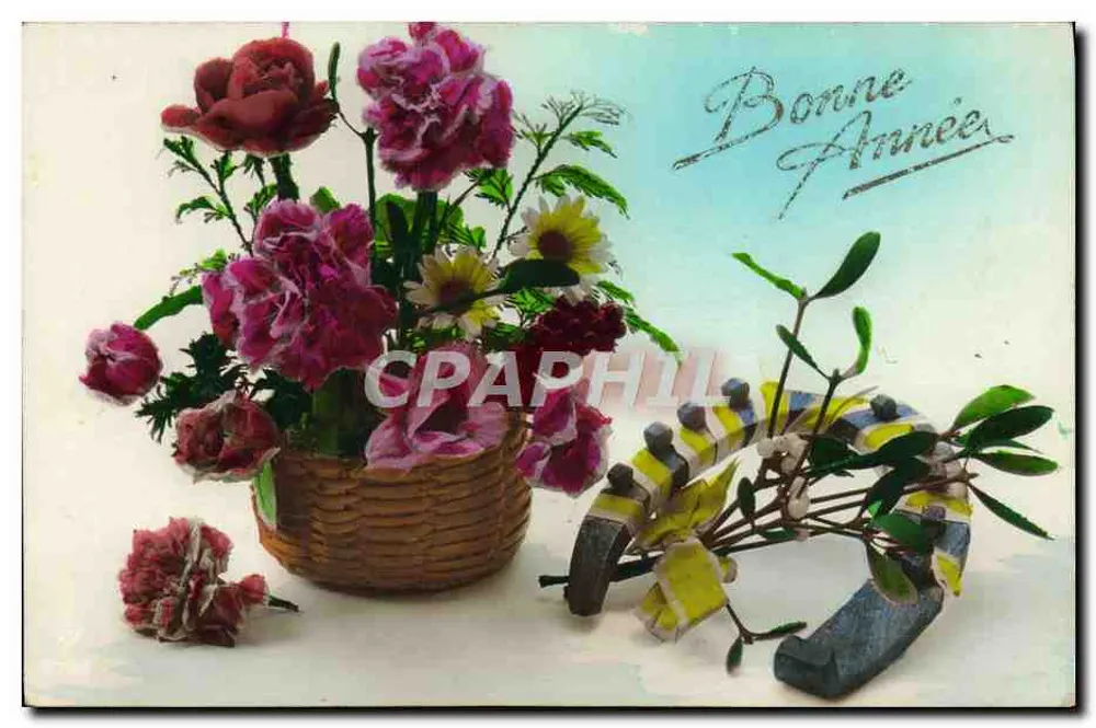 Bouquet de fleurs et branche de gui — Bonne Année — Fabrication Française - Frente