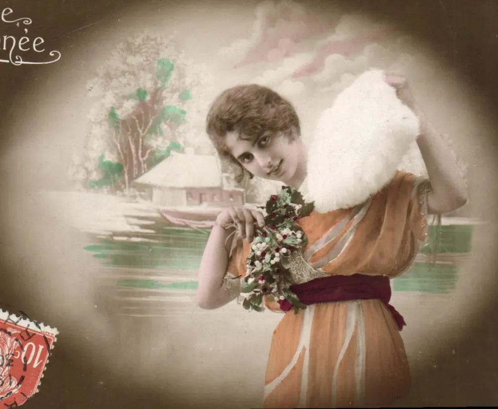 Junge Frau mit Weihnachtskrone — Winterlandschaft — Verlag 'L'Année' (n° 1001) - Vorderseite