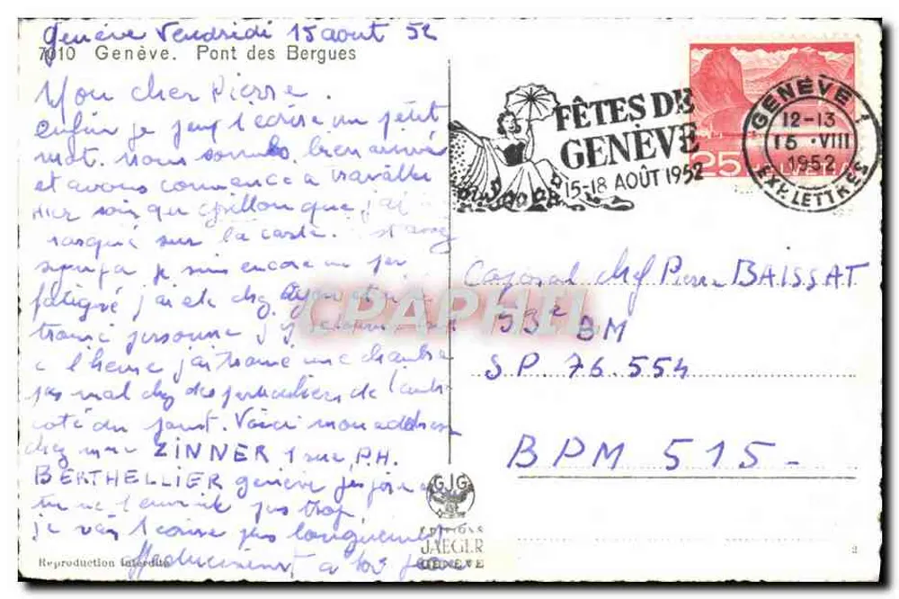 Genebra — Ponte dos Bergues — Editor Jaeger, n° 7010 - Verso