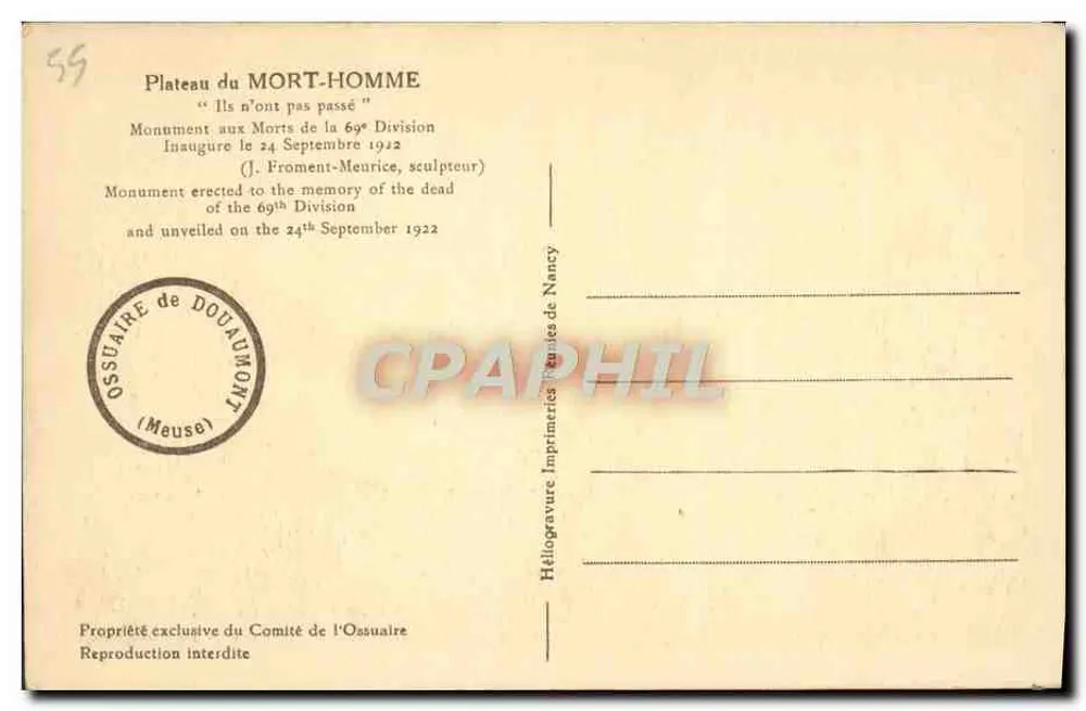 Plateau du Mort-Homme — Gedenkstein für die 69. Division — J. Froment-Meurice, Bildhauer - Rückseite