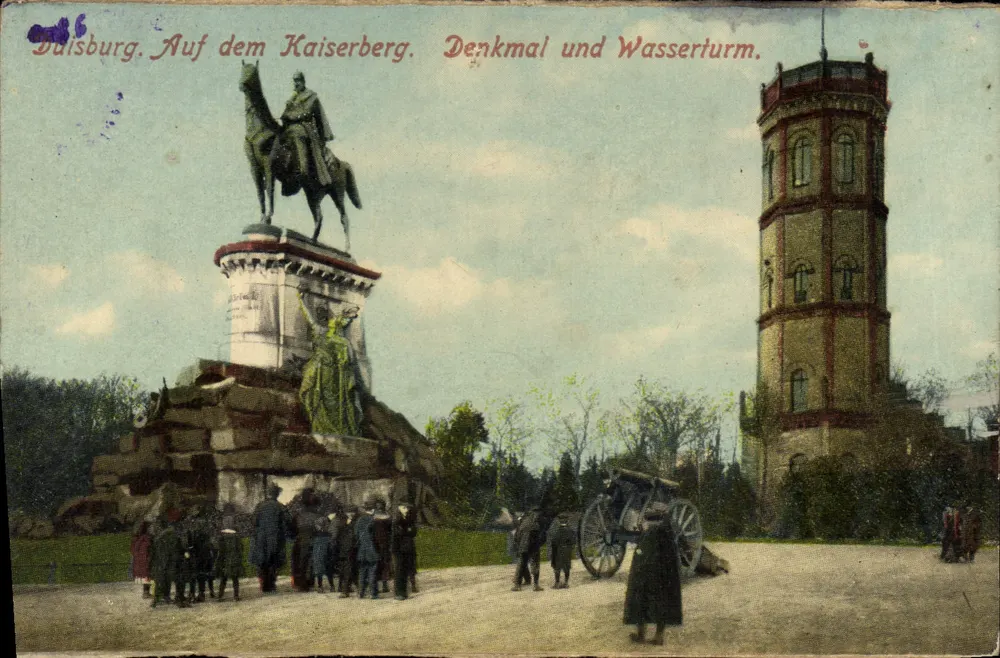 Duisburg. Auf dem Kaiserberg. Denkmal und Wasserturm. - Frente