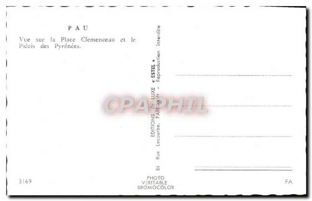 Pau — Ansicht der Place Clemenceau und des Palais des Pyrénées — Éditions Estel - Rückseite
