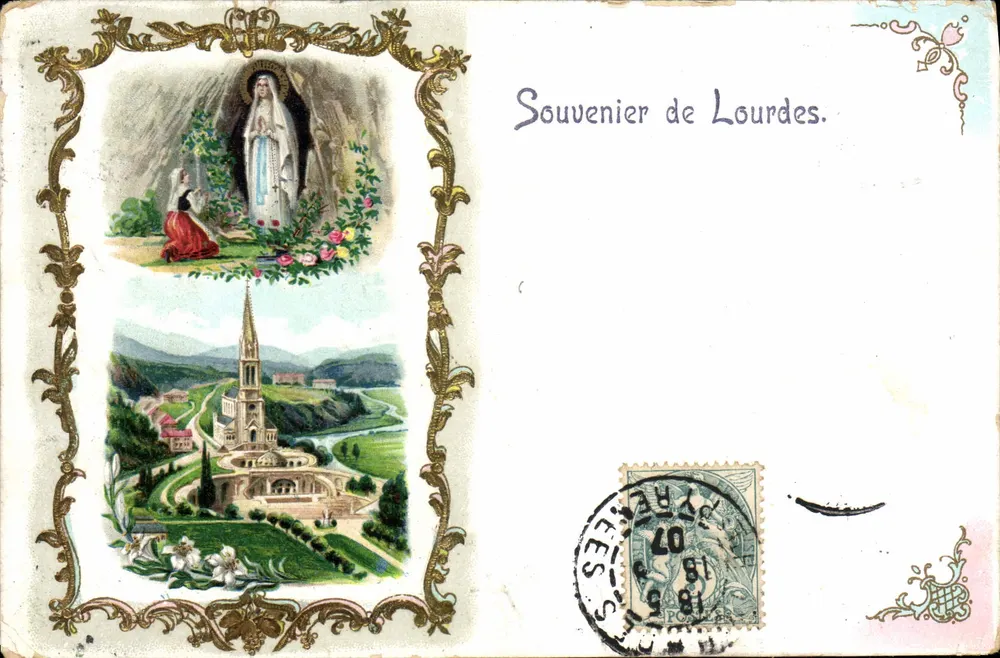 Lourdes — apparition de la Vierge et église — Souvenir de Lourdes. (éditeur non visible) - Frente