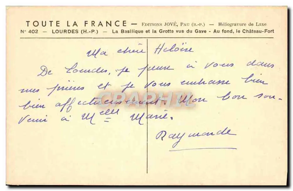 Lourdes (H.-P.) — Die Basilika und die Grotte vom Gave aus gesehen — Im Hintergrund das Schloss — Editions JOVÉ, Pau (B.-P.) — Nr. 402 - Rückseite