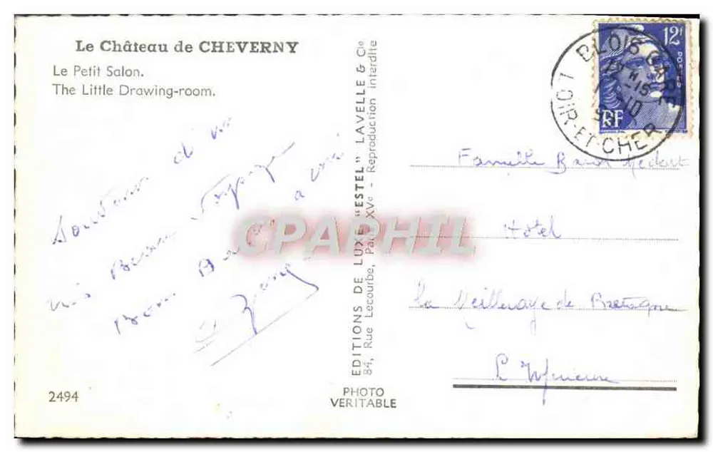 O Castelo de CHEVERNY — O Pequeno Salão — Edições Lavelle & Cie, n° 2494 - Verso