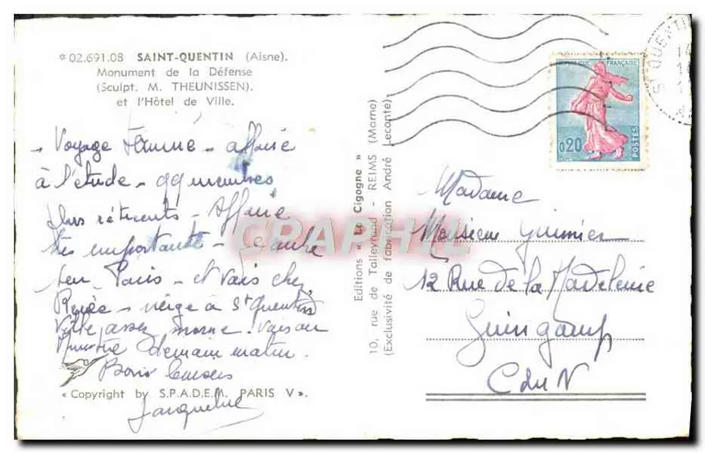 Saint-Quentin — Denkmal der Verteidigung und Rathaus — Verlag 'La Cigogne' - Rückseite