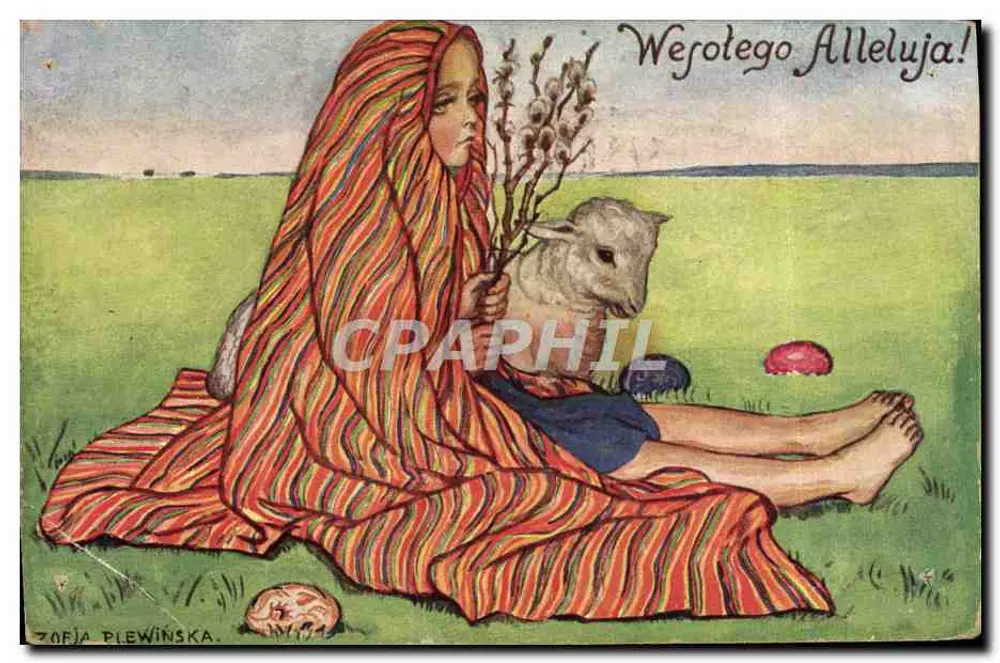 Femme en robe rayée tenant un agneau — scène pastorale — Zofia Plewińska - Vorderseite