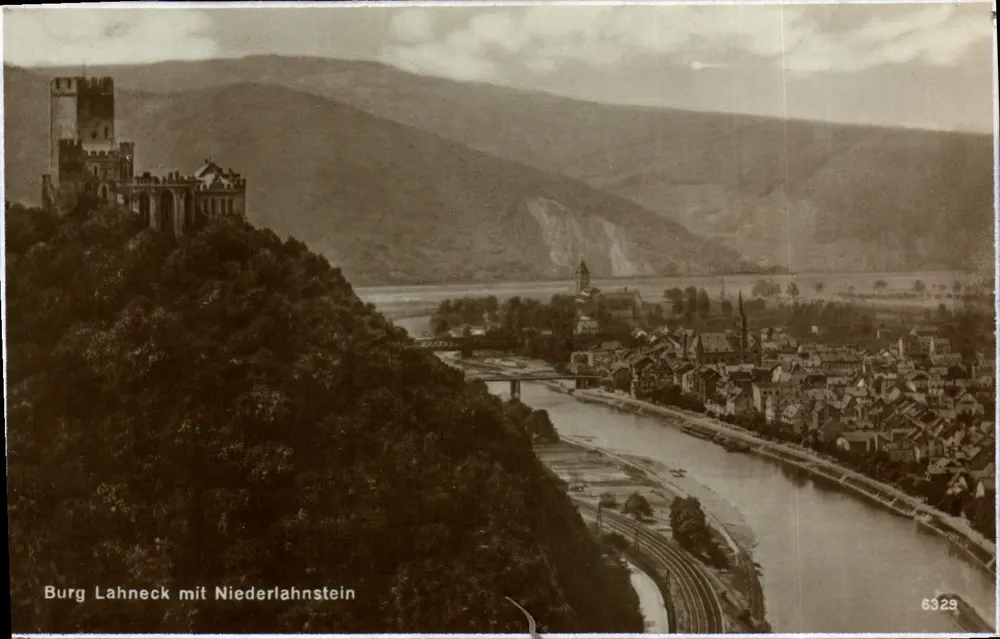 Burg Lahneck com Niederlahnstein — vista panorâmica — editor Karl Fischer, Eltville a. Rh. - Frente