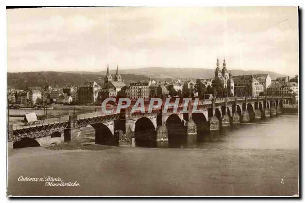 Coblence-sur-le-Rhin — vue de la Moselbrücke avec édifice religieux en arrière-plan — éditeur Trinks & Co. n°1 - Voorkant