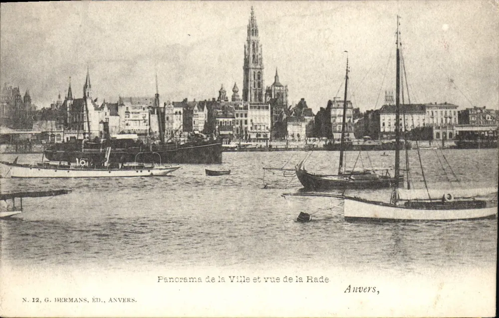 Antwerpen — Panorama der Stadt und Blick auf den Hafen — G. Hermans, Verlag, Antwerpen, Nr. 12 - Vorderseite