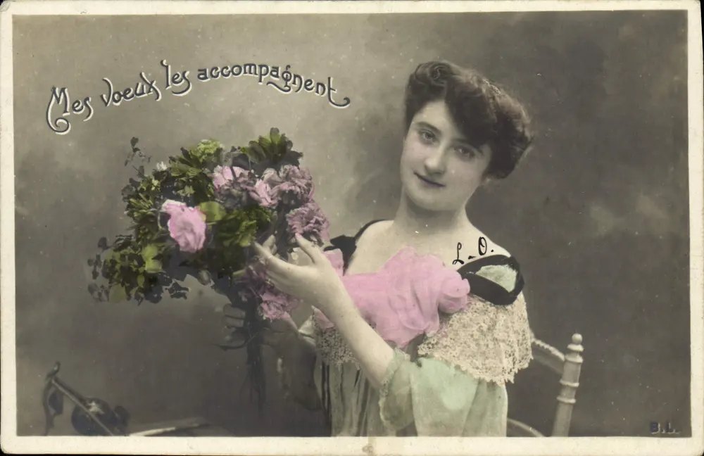 Junge Frau mit Rosenstrauß — 'Meine Wünsche begleiten Sie' — B.L. (Verlag) - Vorderseite