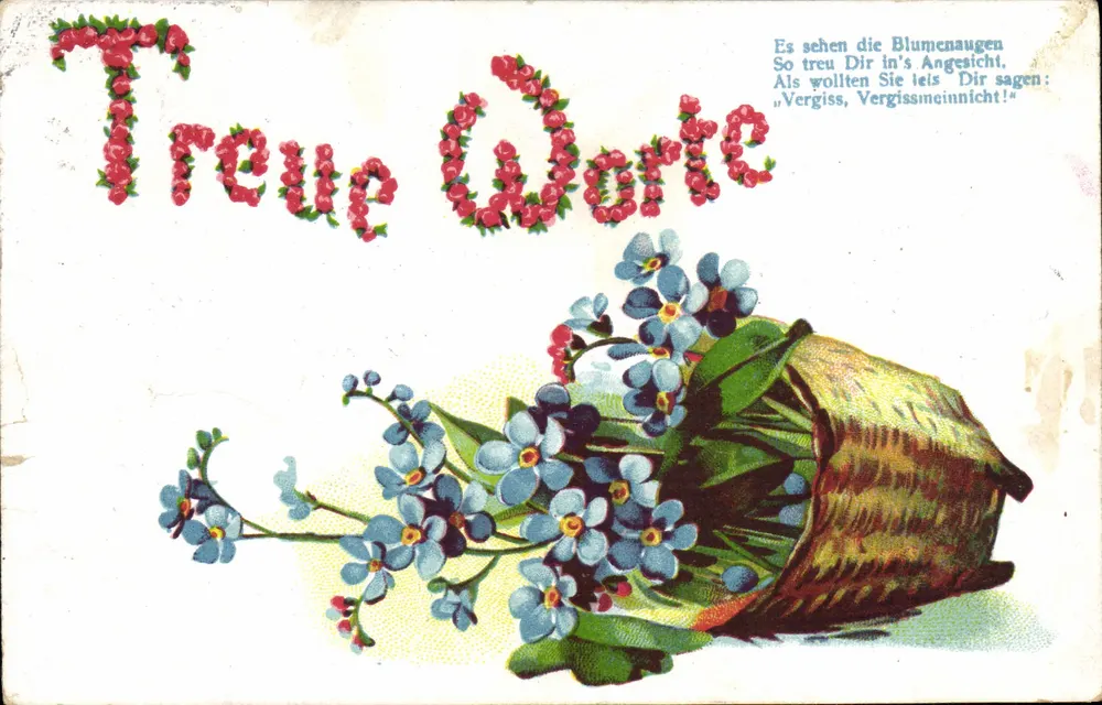 Bouquet de fleurs bleues — carte postale avec texte décoratif en lettres de fleurs — éditeur non visible - Voorkant