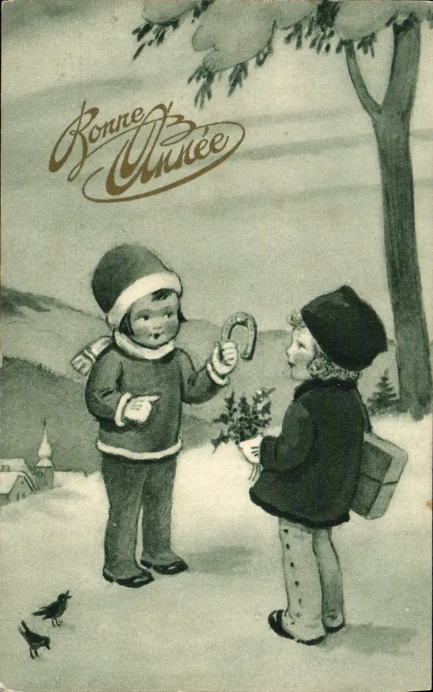 Zwei Kinder im Winter — Frohe Neujahr — S.B.W. Paris - Vorderseite