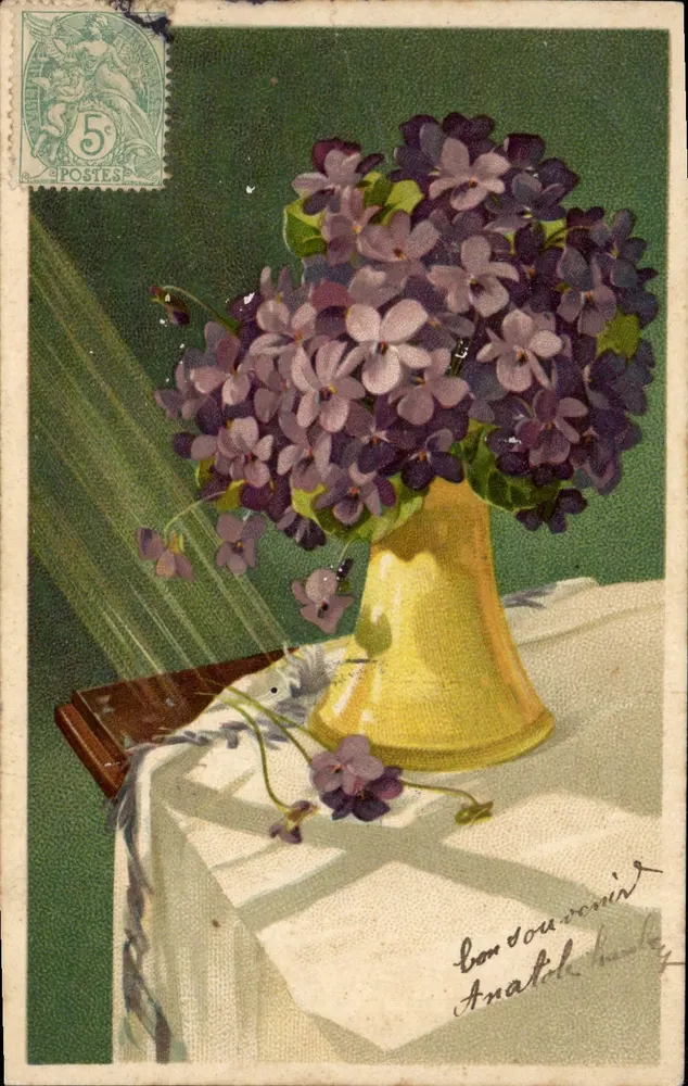 Violetas — buquê em um vaso amarelo — editor anônimo, n°5.468 - Frente