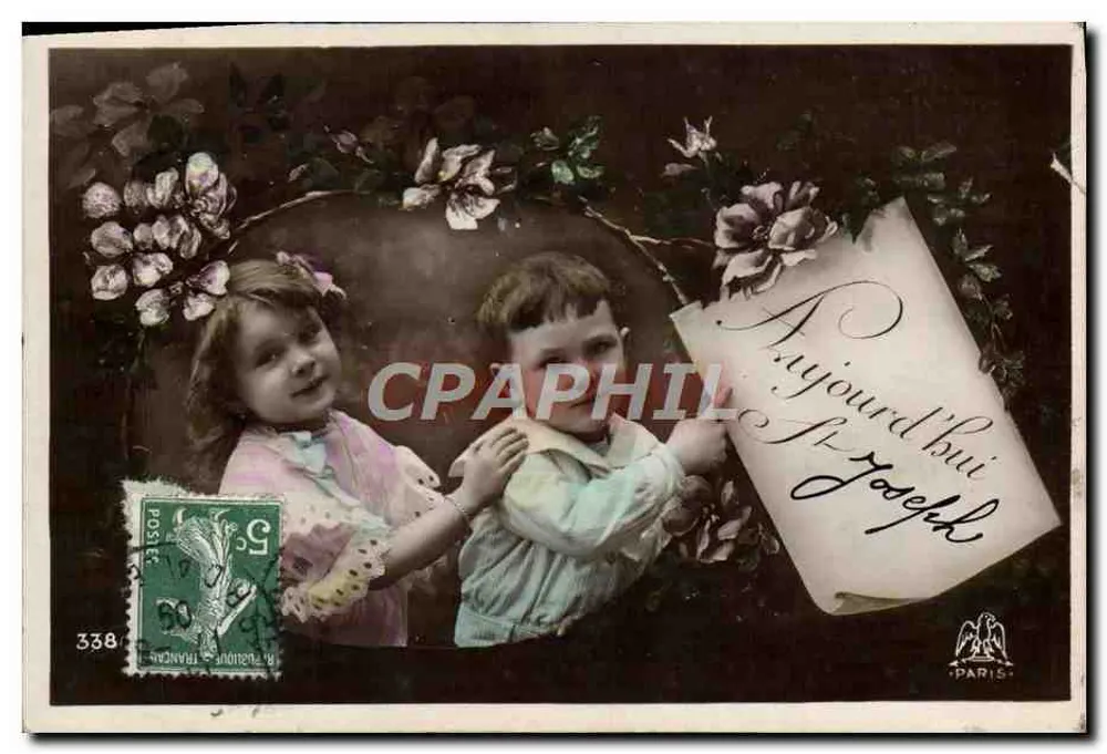 Deux enfants — scène décorée de fleurs — éditeur 'PARIS' n°338 - Frente